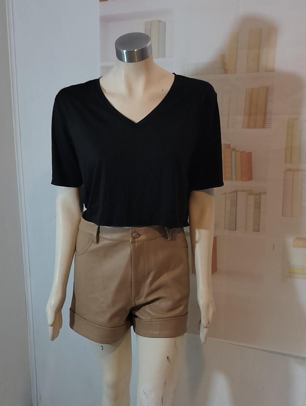 GREY LAB Black V-Neck Top with Tan High-Waist Shorts